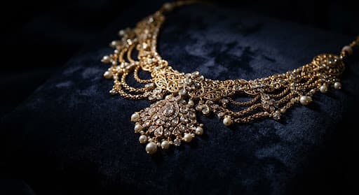 Ornate gold bridal necklace with pearls and gemstones